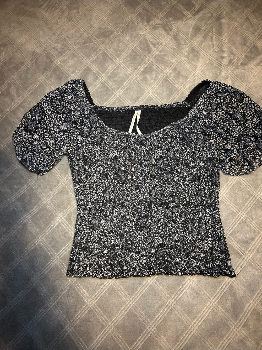 Anthropologie Black & White Smocked Puff-Sleeve Crop Top
